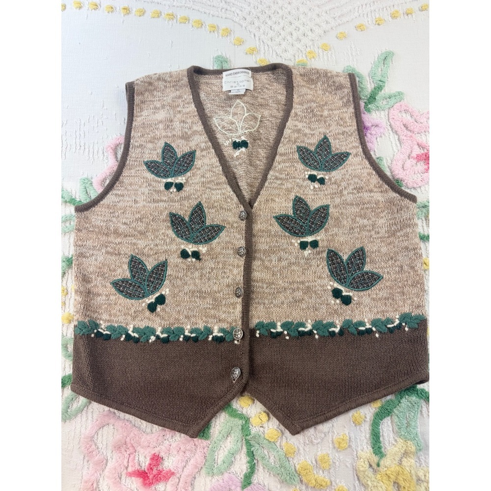 Christopher & Banks Hand Embroidered‎ Sweater Vest Brown Tan Leaf Button Front M